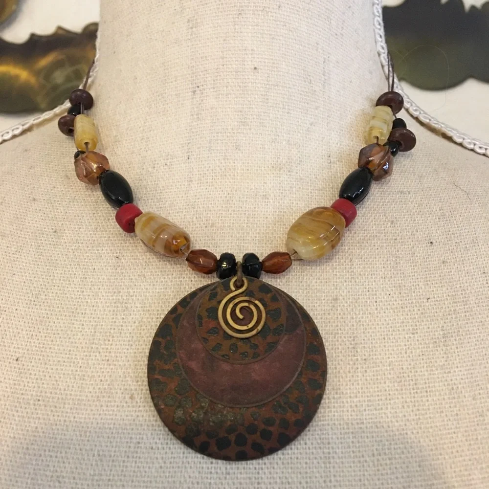 Animal print copper disc glass bead necklace
